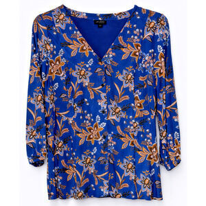 J. Jill Wearever Collection Blue & Gold Floral Knit Tunic Size Medium 3/4 Sleeve